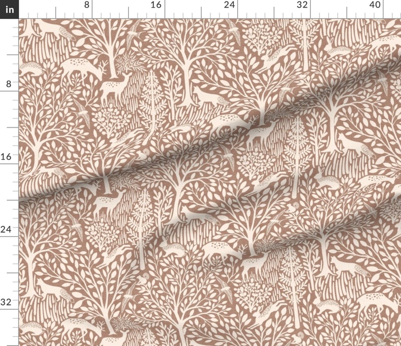 Neutral Woodland Animals Brown Botanical Deer Rabbit Fox Faux Linen Texture Mocha Mousse Cottagecore Country Rustic Nursery Custom Printed Fabric by Spoonflower Various Fabrics by the Yard or Fat Quarter